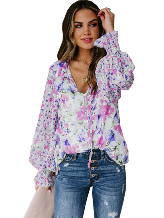 Blue Zone Planet | Loose Floral Pattern Lantern Sleeve Top BLUE ZONE PLANET
