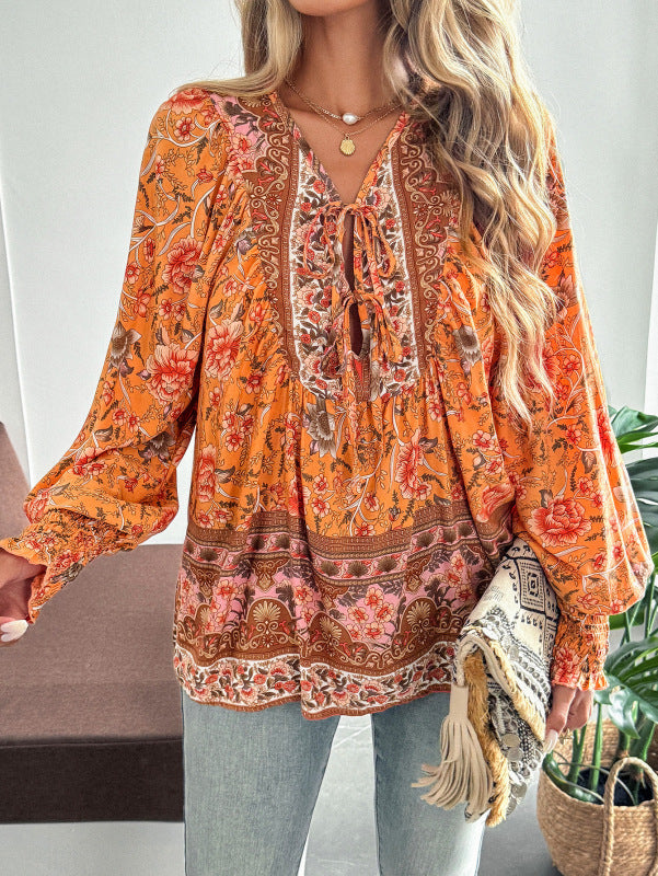 Casual holiday print long-sleeved T-shirt top shirt-[Adult]-[Female]-Orange-S-2022 Online Blue Zone Planet
