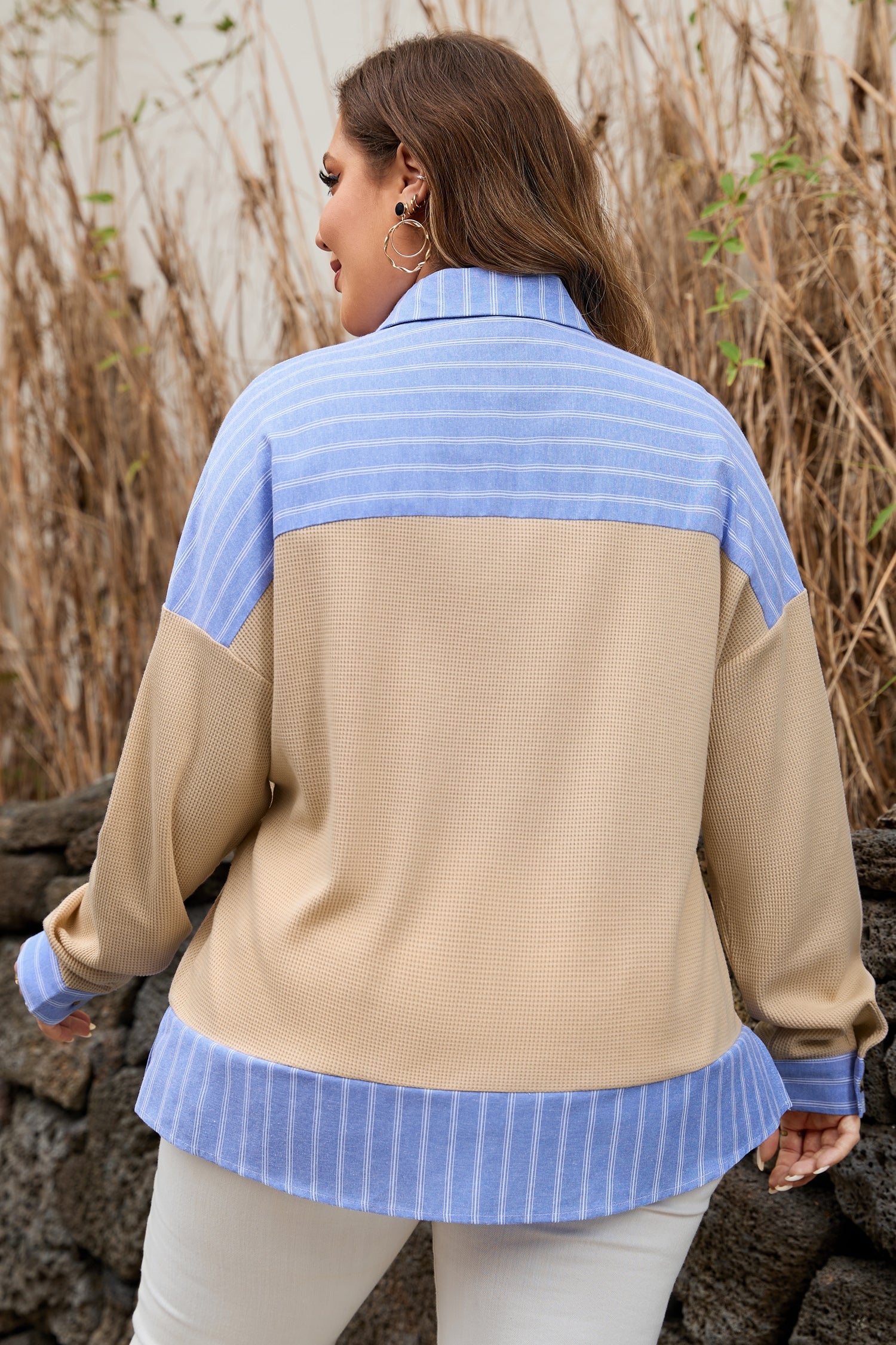 Parchment Plus Size Striped Contrast Trim Waffle Knit Collared Top-Plus Size/Plus Size Tops/Plus Size Long Sleeve Tops-[Adult]-[Female]-2022 Online Blue Zone Planet