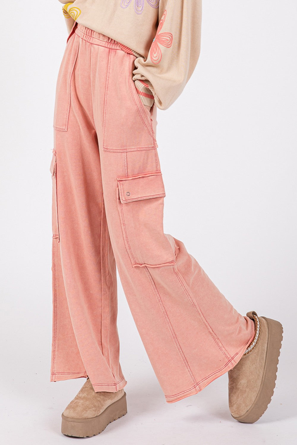 SAGE + FIG Knit Terry Mineral Wash Wide Leg Pants-[Adult]-[Female]-2022 Online Blue Zone Planet