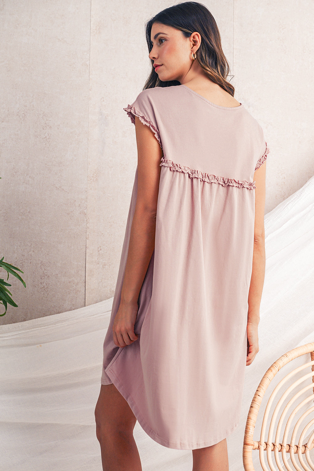 Mint Green Frilled Trim Crewneck Loose Fit Mini Dress