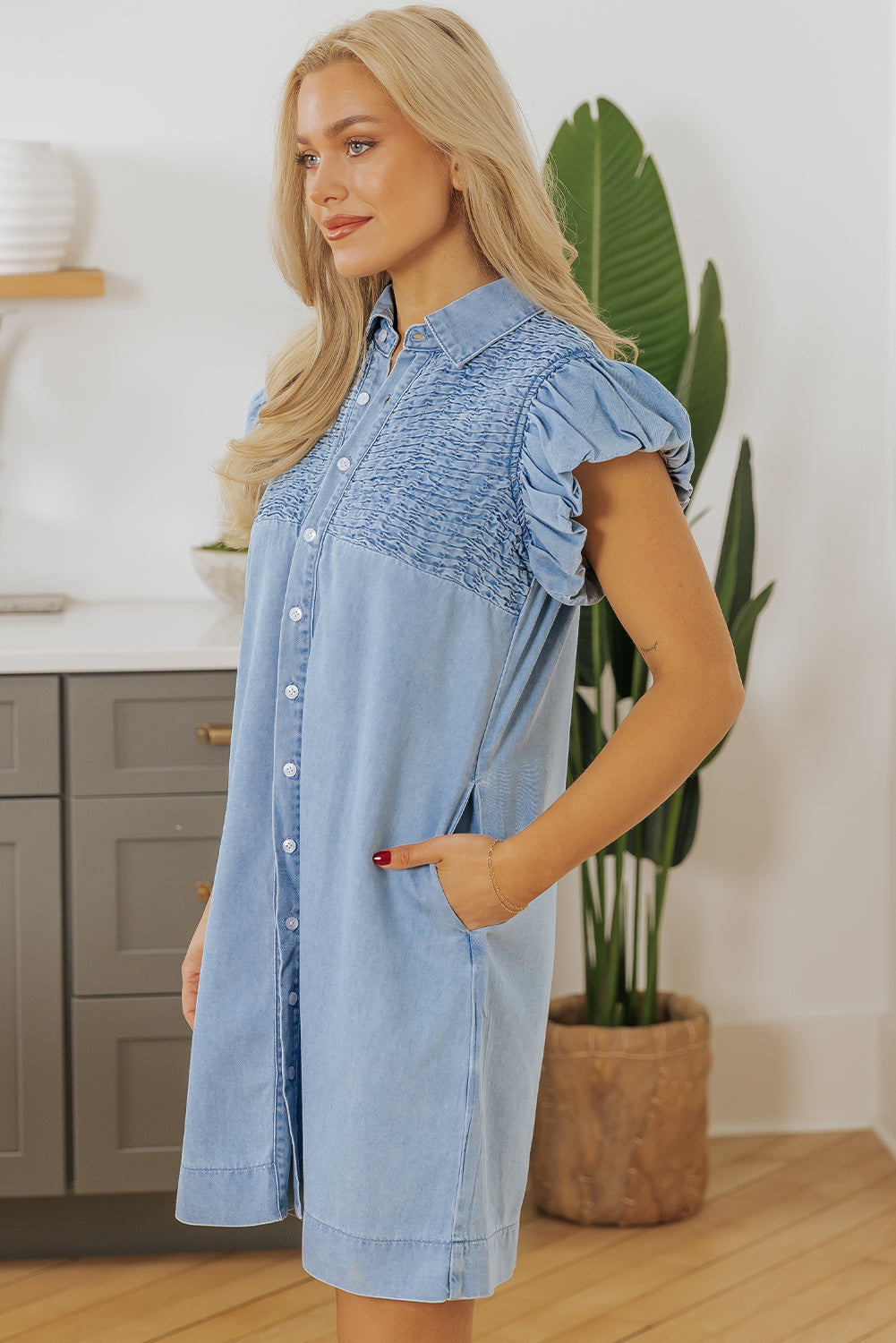 Beau Blue Flutter Sleeve Shirred Detail Button Up Denim Mini Dress-Dresses/Mini Dresses-[Adult]-[Female]-2022 Online Blue Zone Planet