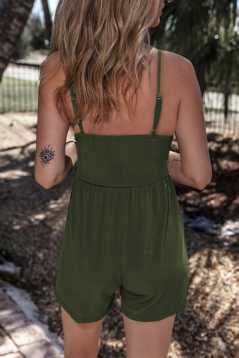 Moss Green Spaghetti Straps Cinched Waist Ribbed Romper-Bottoms/Jumpsuits & Rompers-[Adult]-[Female]-2022 Online Blue Zone Planet