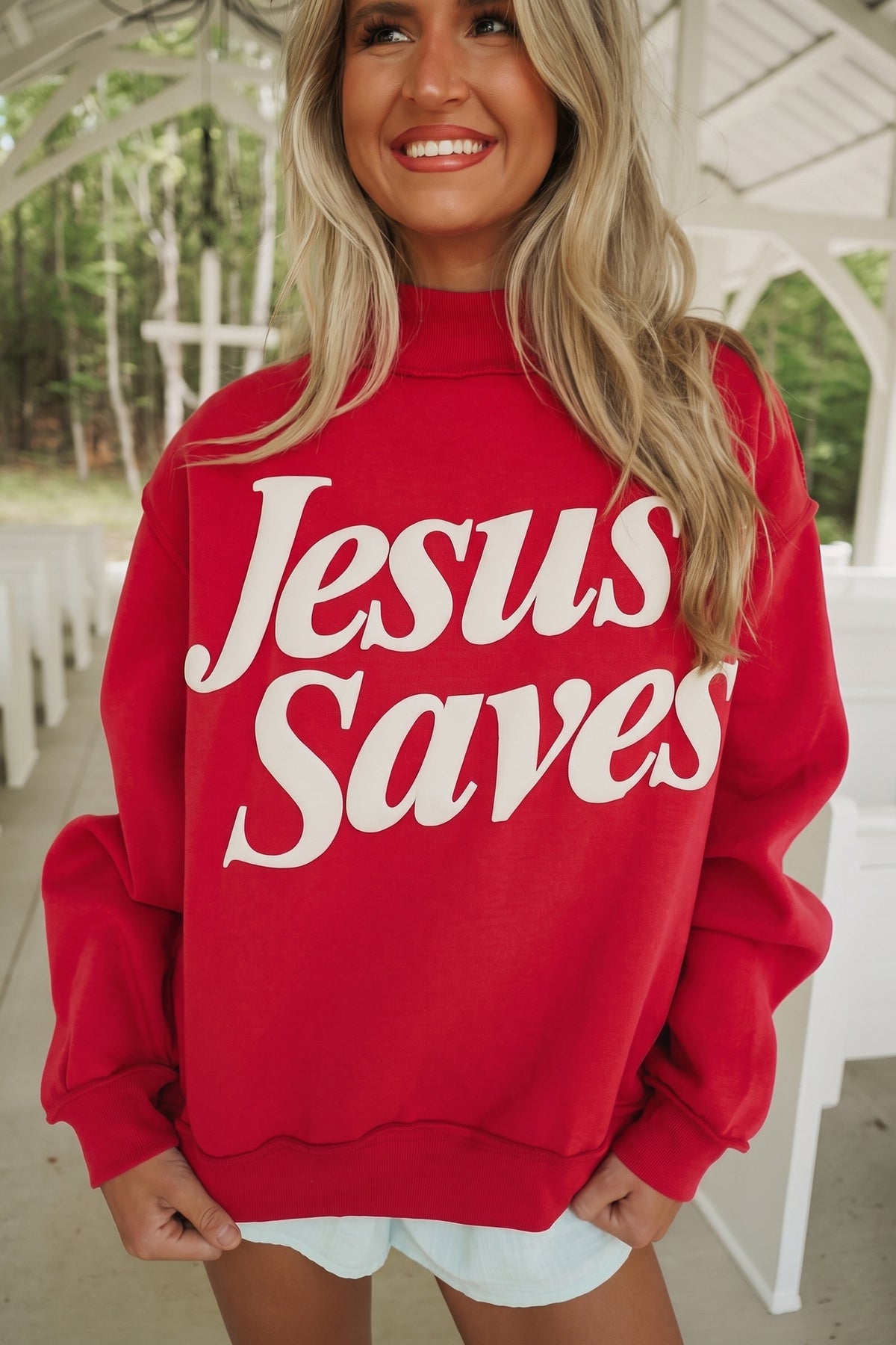 Fiery Red Jesus Saves Slogan Print Stand Neck Baggy Sweatshirt-Tops/Sweatshirts & Hoodies-[Adult]-[Female]-2022 Online Blue Zone Planet