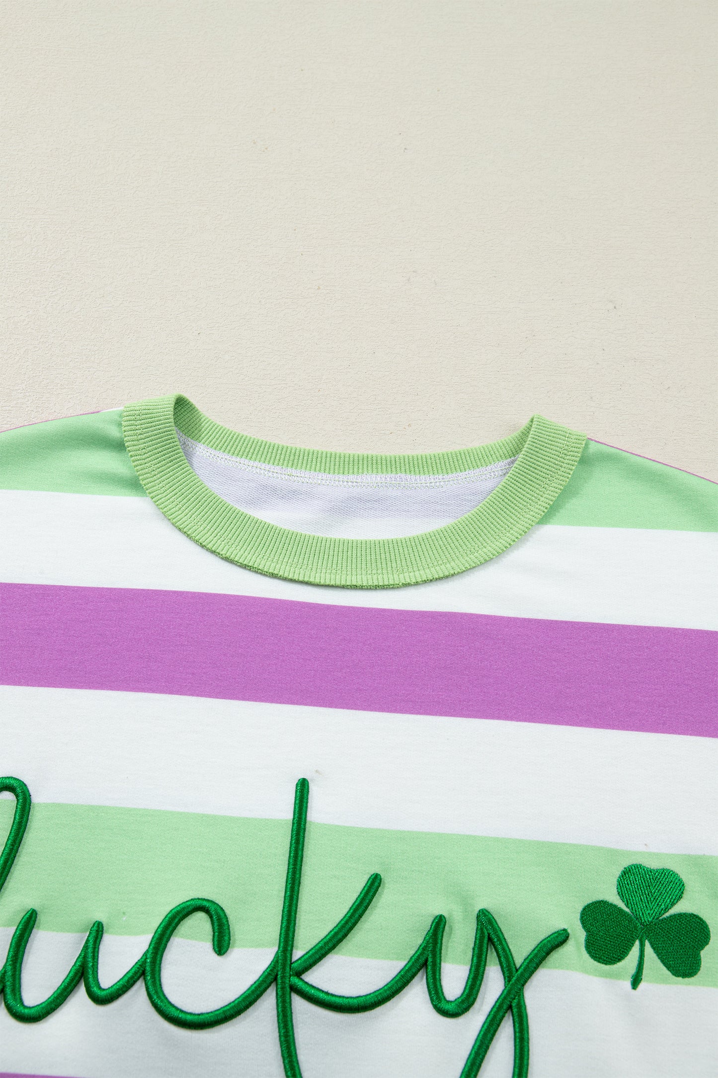 Green Stripe Lucky Clover Embroidered Graphic Dolman Loose Tee-Tops/Tops & Tees-[Adult]-[Female]-2022 Online Blue Zone Planet