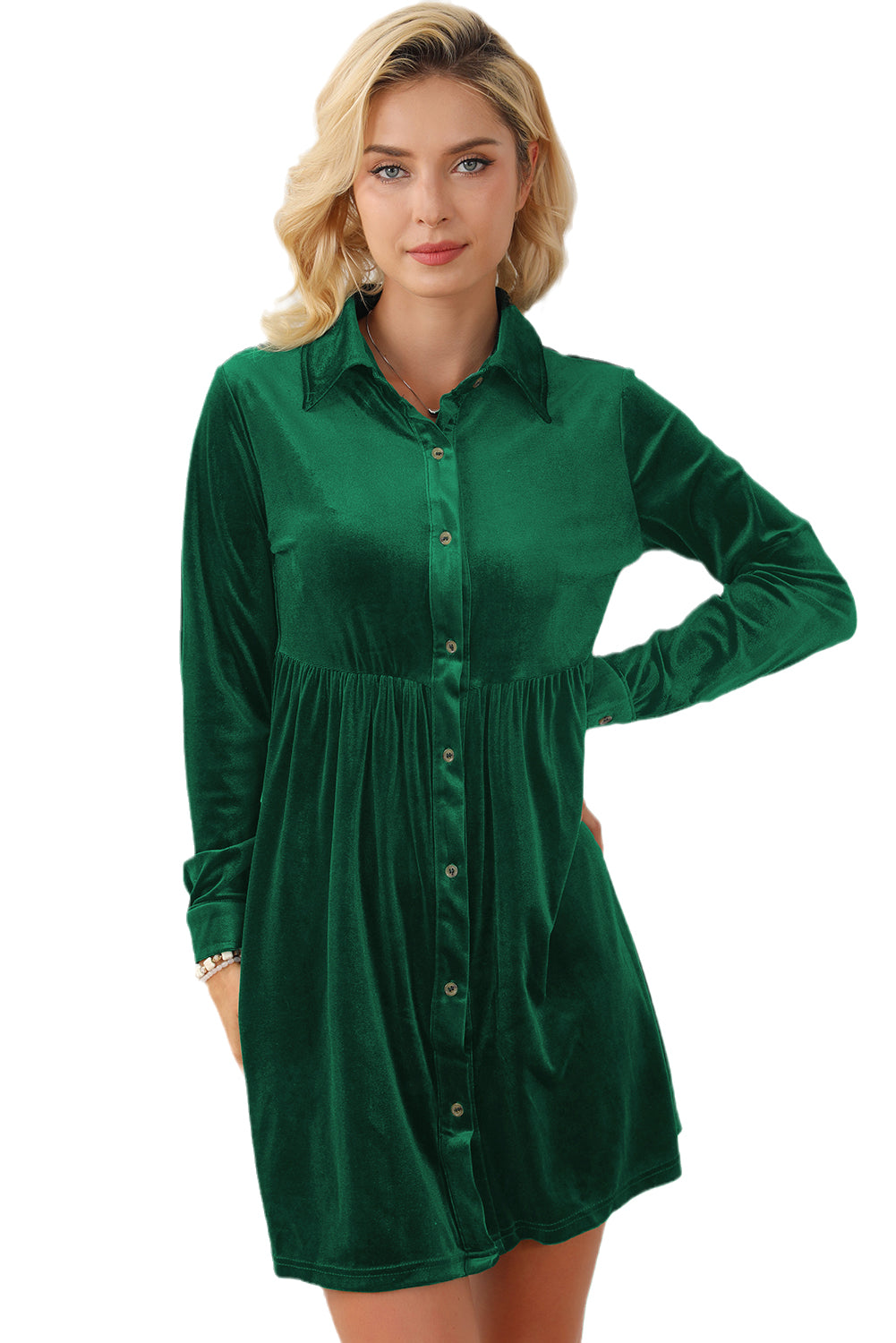 Blue Zone Planet | Green Long Sleeve Ruffle Velvet Button Up Dress-TOPS / DRESSES-[Adult]-[Female]-2022 Online Blue Zone Planet