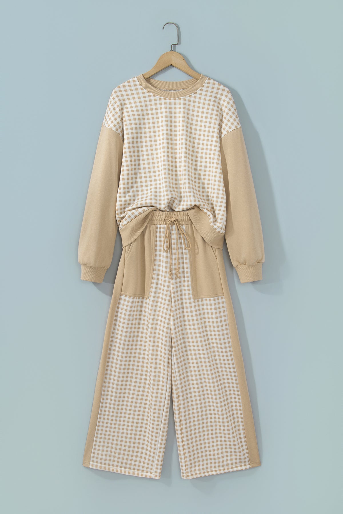 Khaki Color Block Plaid Patchwork Long Sleeve Pullover Wide Leg Pant Set-Two Piece Sets/Pant Sets-[Adult]-[Female]-2022 Online Blue Zone Planet