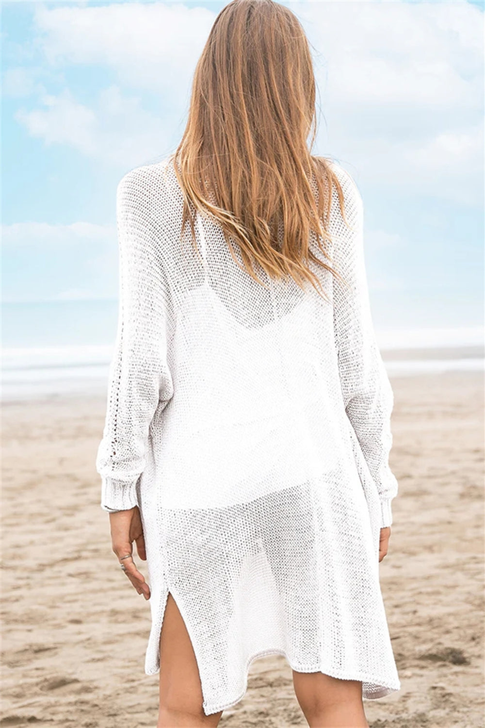 Openwork Side Slit Open Front Long Sleeve Cardigan-TOPS / DRESSES-[Adult]-[Female]-2022 Online Blue Zone Planet