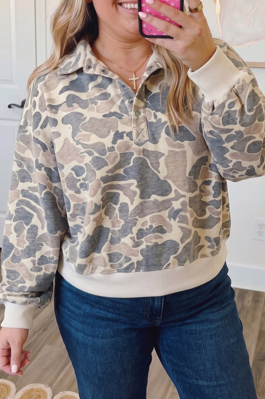 Multicolour Casual Camo V-Neck Buttoned Plus Size Sweatshirt-Plus Size/Plus Size Sweatshirts & Hoodies-[Adult]-[Female]-Multicolour-1X-2022 Online Blue Zone Planet