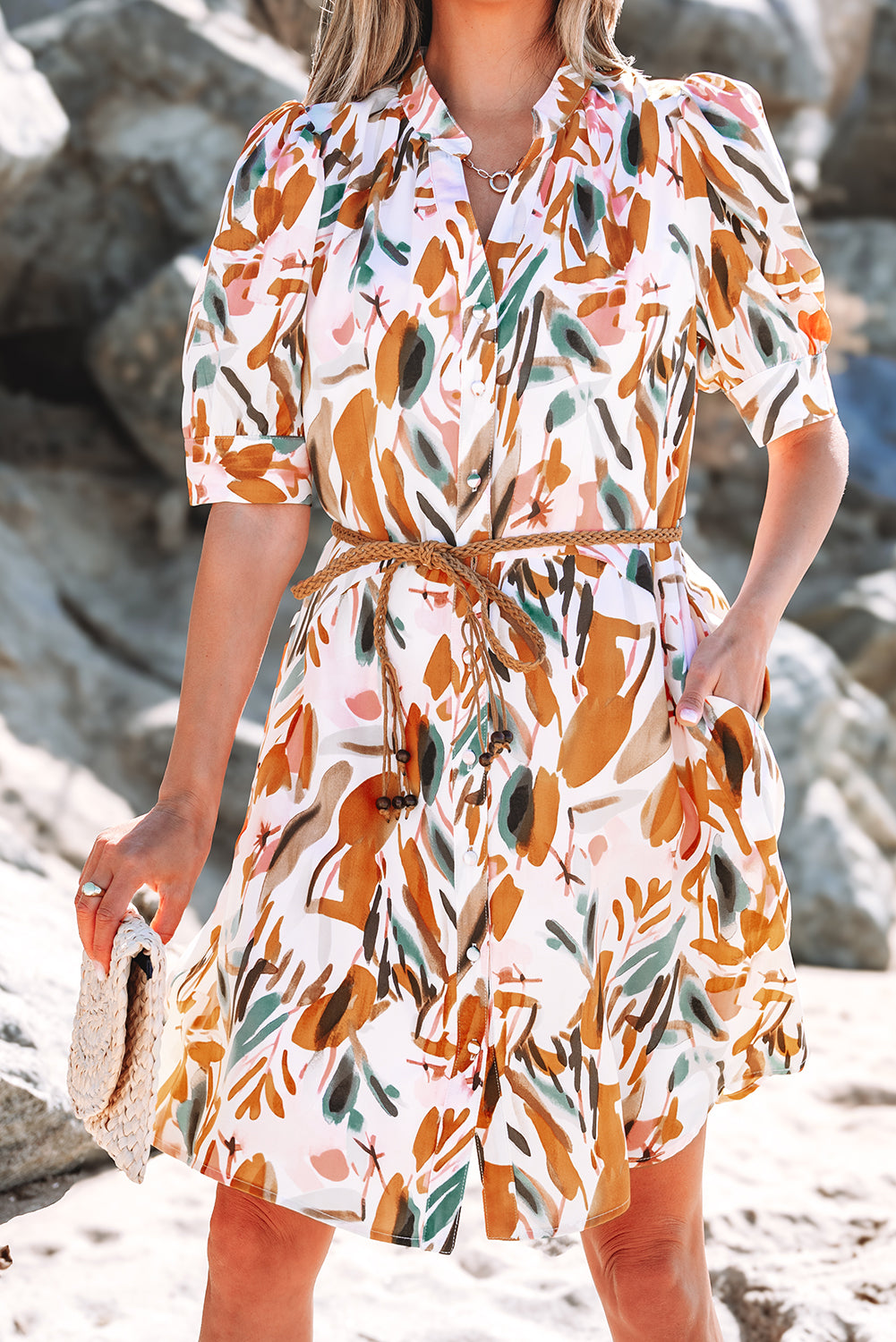 Brown Abstract Printed Puff Sleeve Button Up Braided Belt Mini Dress-Dresses/Mini Dresses-[Adult]-[Female]-2022 Online Blue Zone Planet