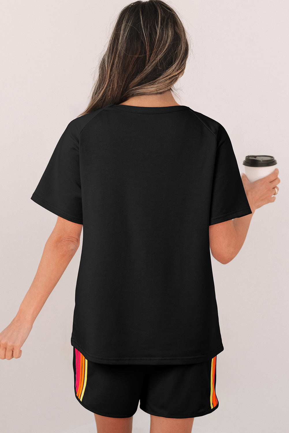 Black Striped Patch Front Casual Tee-Tops/Tops & Tees-[Adult]-[Female]-2022 Online Blue Zone Planet