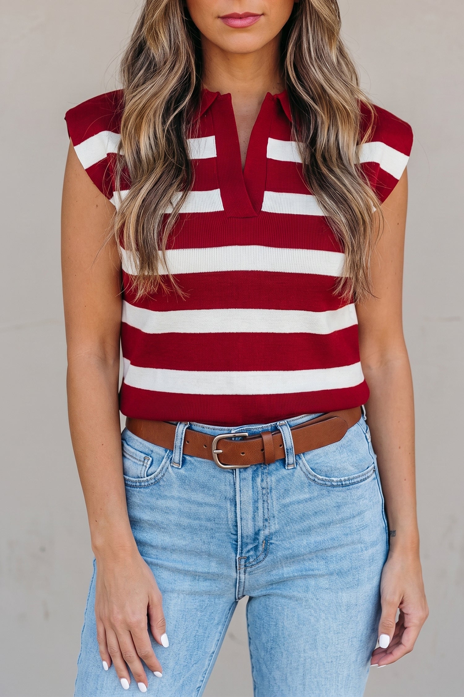 Red Stripe Collared Split Neck Sweater Vest-TOPS / DRESSES-[Adult]-[Female]-2022 Online Blue Zone Planet