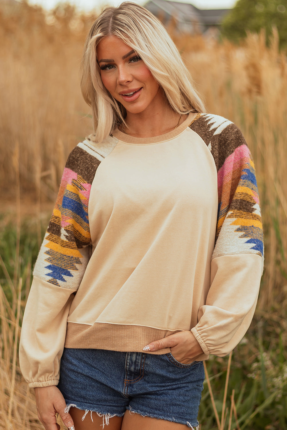 Light French Beige Aztec Patchwork Raglan Pullover Sweatshirt-Tops/Sweatshirts & Hoodies-[Adult]-[Female]-2022 Online Blue Zone Planet