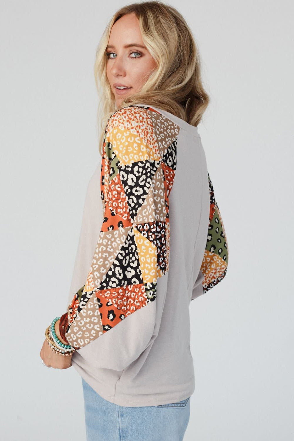 Parchment Contrast Printed Raglan Sleeves Patchwork V Neck Loose Top-Tops/Long Sleeve Tops-[Adult]-[Female]-2022 Online Blue Zone Planet
