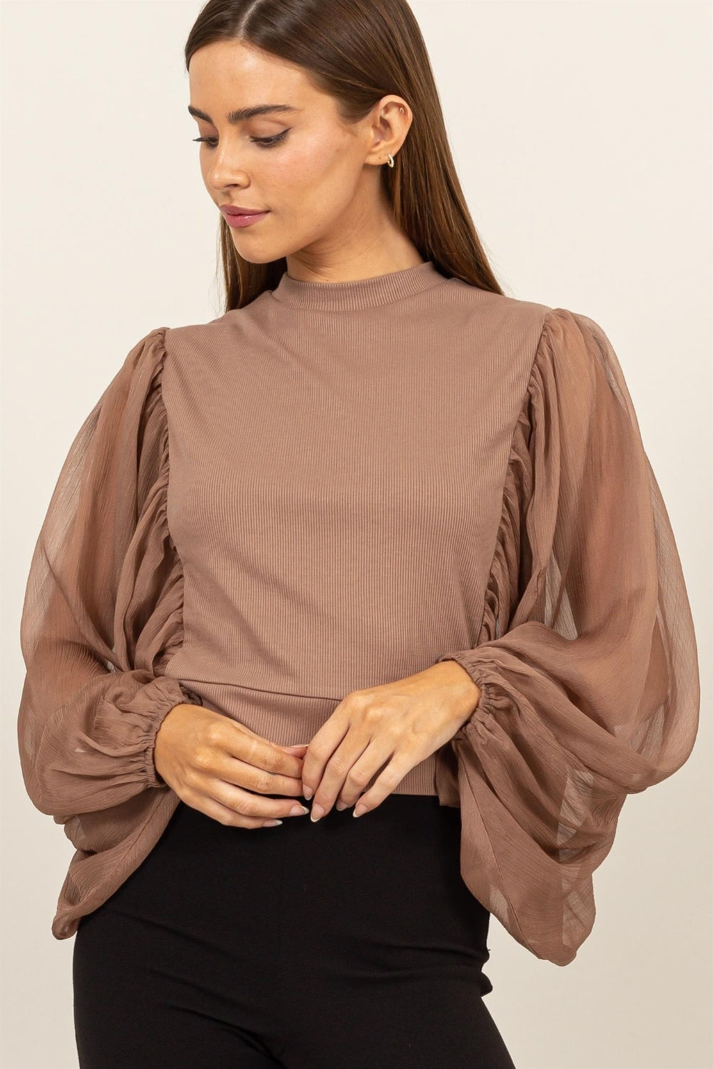 Blue Zone Planet | HYFVE Ruched Sheer Long Sleeve Mock Neck Blouse-TOPS / DRESSES-[Adult]-[Female]-Mocha-S-2022 Online Blue Zone Planet