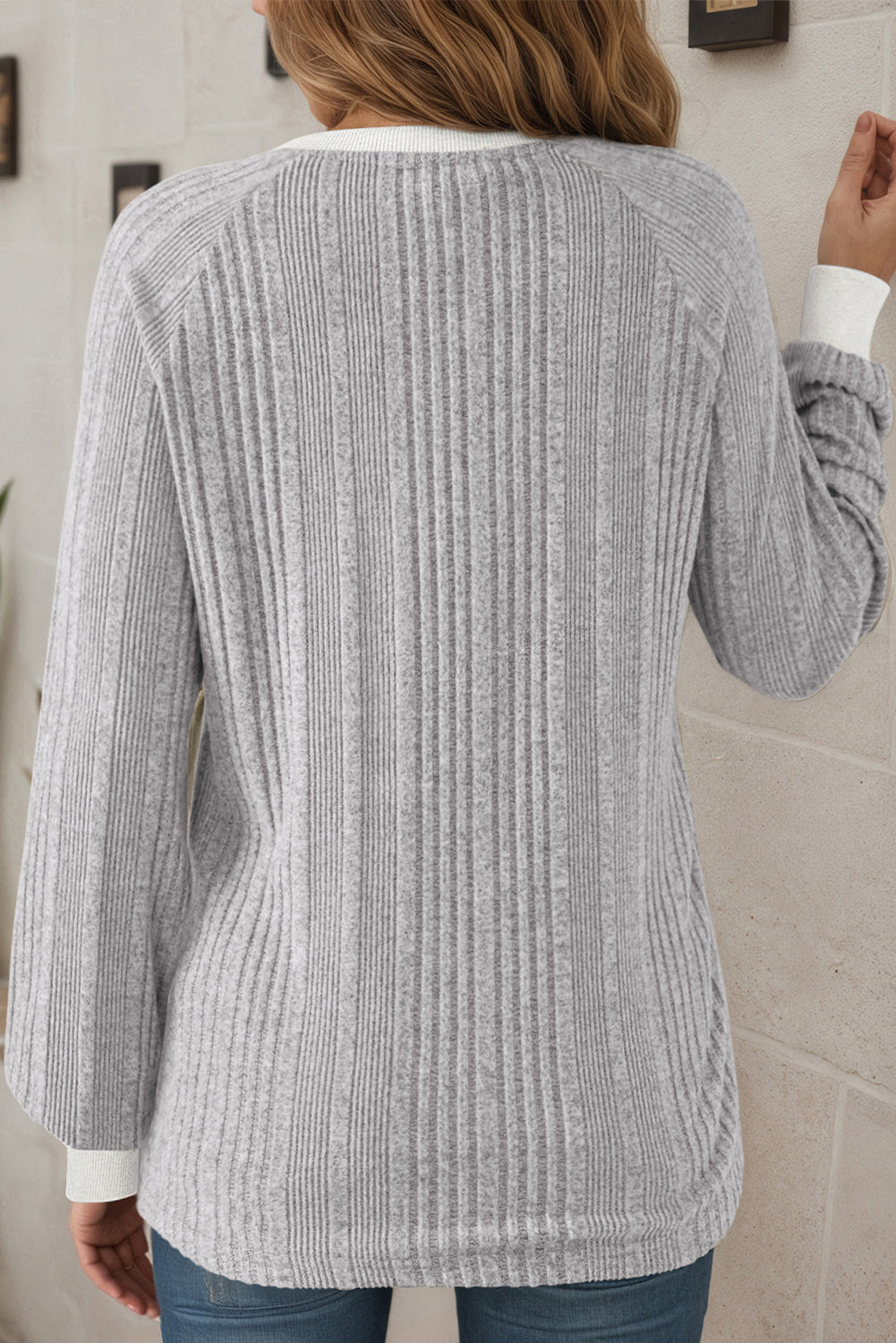 Gray Ribbed Contrast Cuffed Round Neck Long Sleeve T Shirt-Tops/Long Sleeve Tops-[Adult]-[Female]-2022 Online Blue Zone Planet