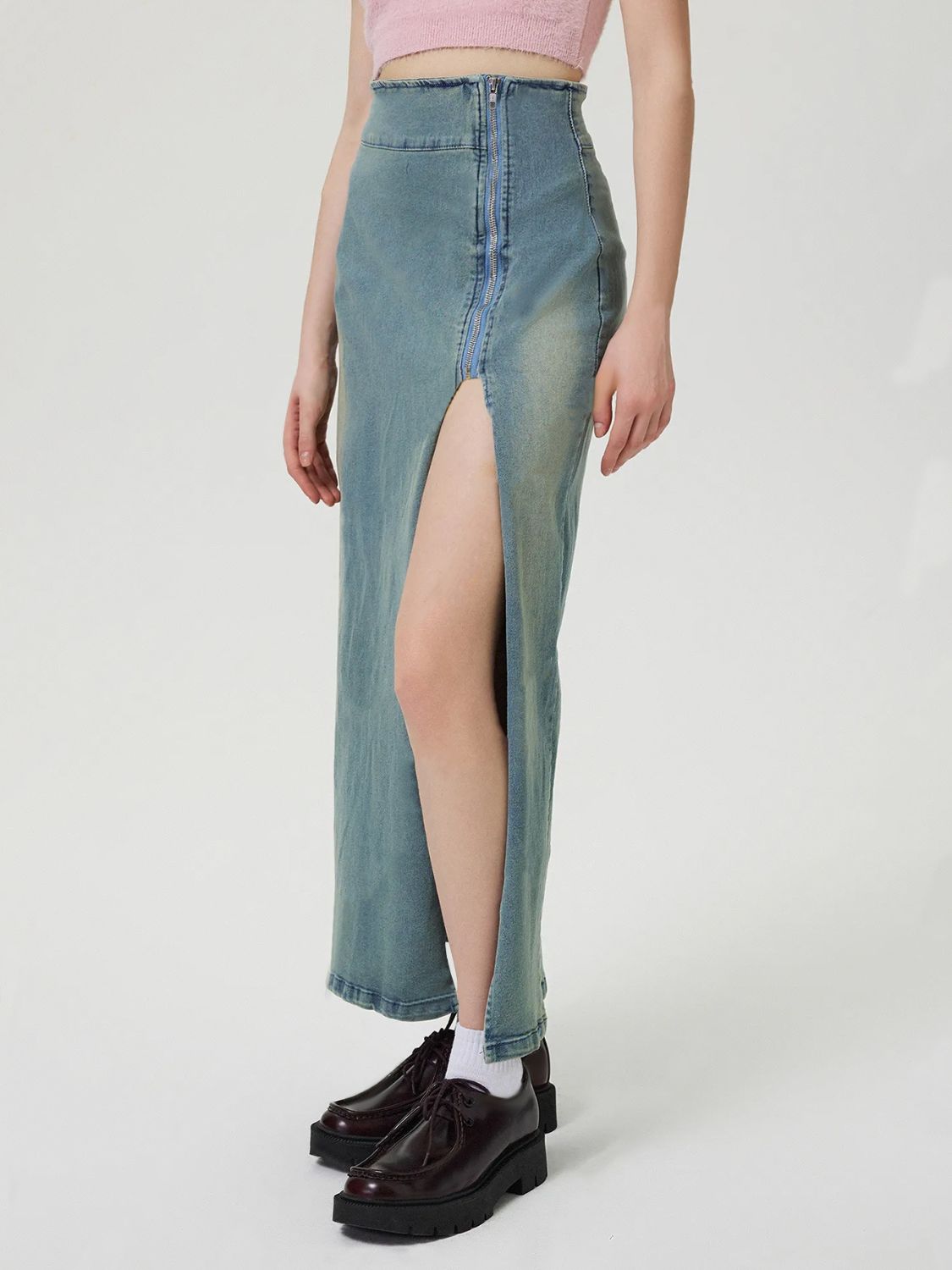 Slit Denim Skirt with Zip-BOTTOM SIZES SMALL MEDIUM LARGE-[Adult]-[Female]-2022 Online Blue Zone Planet