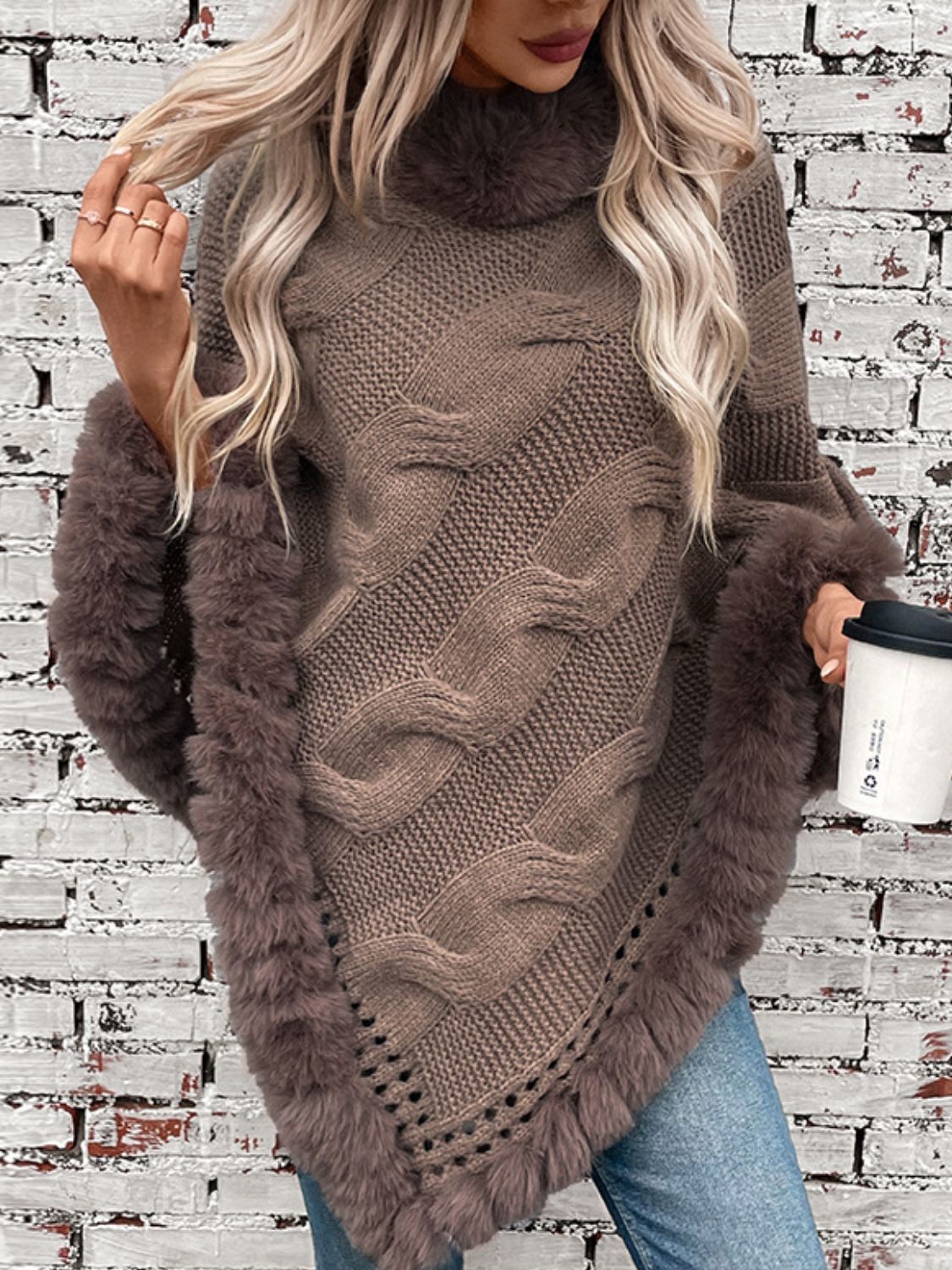 Fuzzy Hem Cable-Knit Poncho-TOPS / DRESSES-[Adult]-[Female]-Mocha-One Size-2022 Online Blue Zone Planet