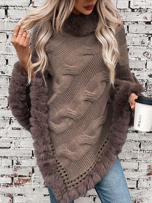 Fuzzy Hem Cable-Knit Poncho