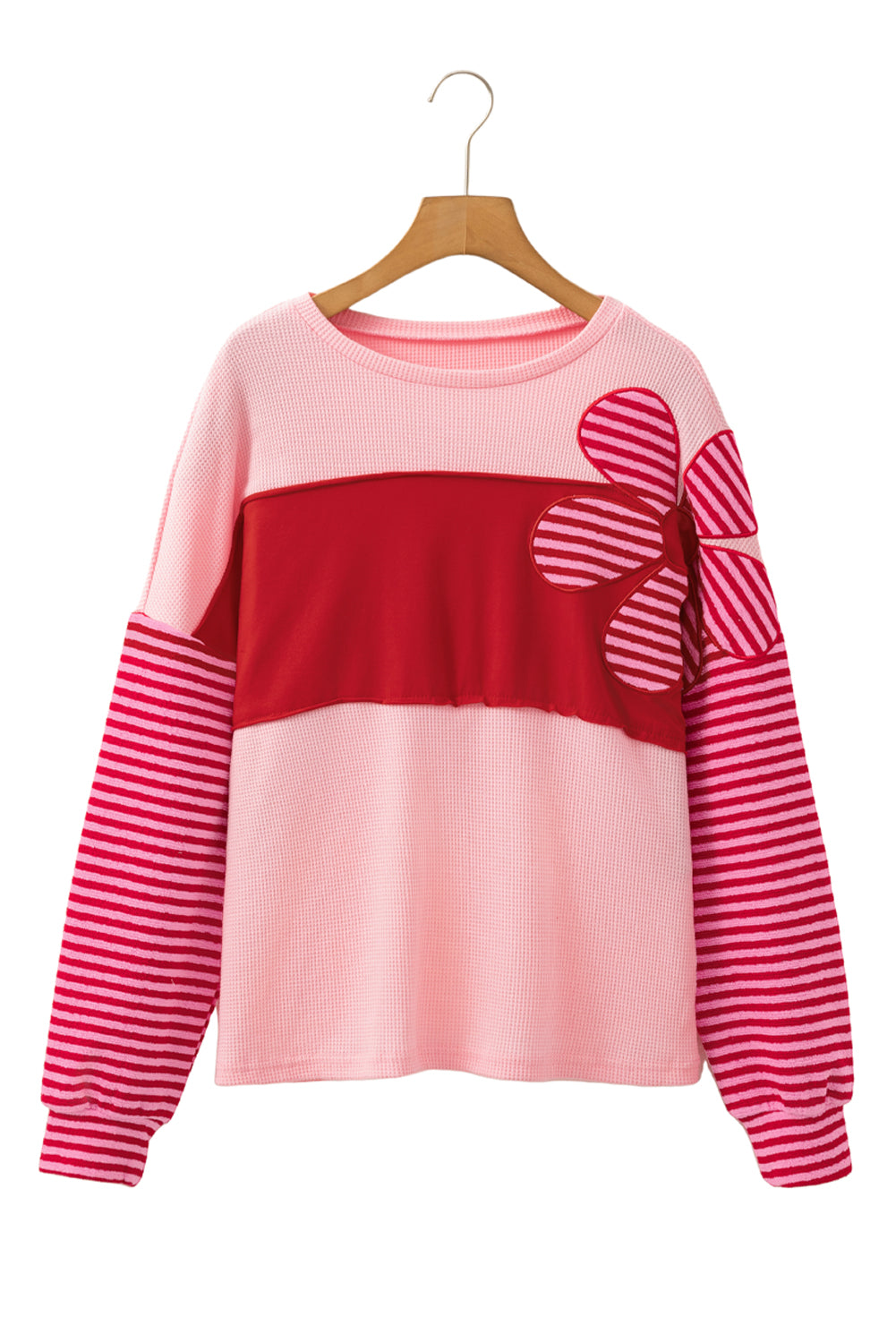 Blue Zone Planet | Pink Floral Patch Color Block Striped Sleeve Textured Top-Tops/Long Sleeve Tops-[Adult]-[Female]-2022 Online Blue Zone Planet