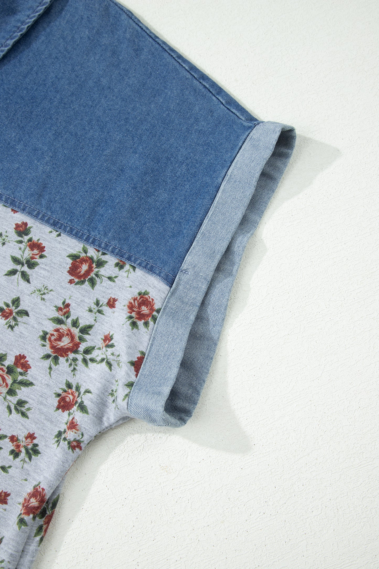 Gray Retro Floral Print Denim Patchwork Plus Size Polo Tee-Plus Size/Plus Size Tops/Plus Size Tops & Tees-[Adult]-[Female]-2022 Online Blue Zone Planet