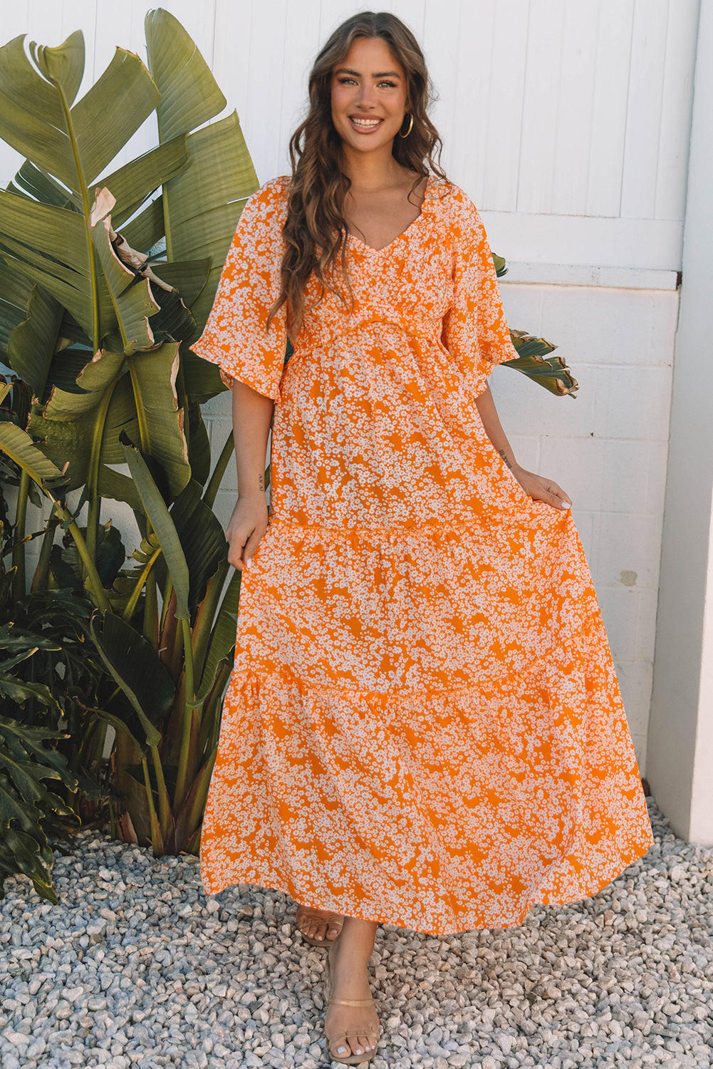Orange Floral Print Smocked V Neck Wide Sleeve Maxi Dress-Dresses/Floral Dresses-[Adult]-[Female]-2022 Online Blue Zone Planet