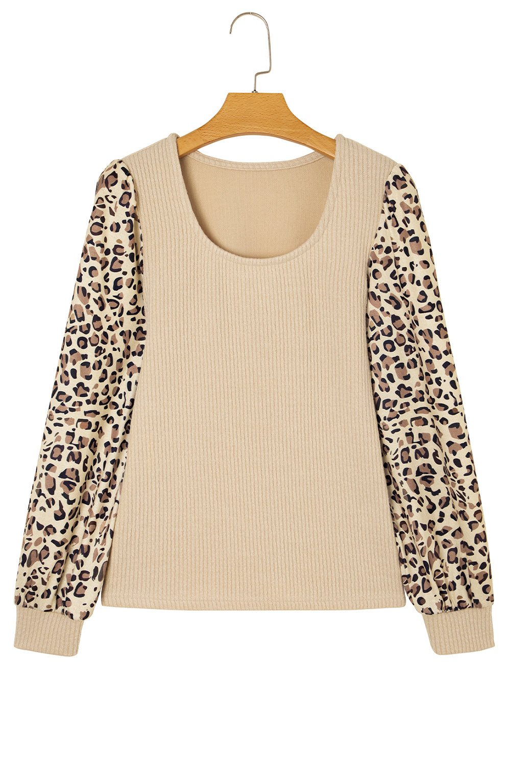 Apricot Leopard Sleeve Patchwork Ribbed Knit U Neck Top-Tops/Long Sleeve Tops-[Adult]-[Female]-2022 Online Blue Zone Planet