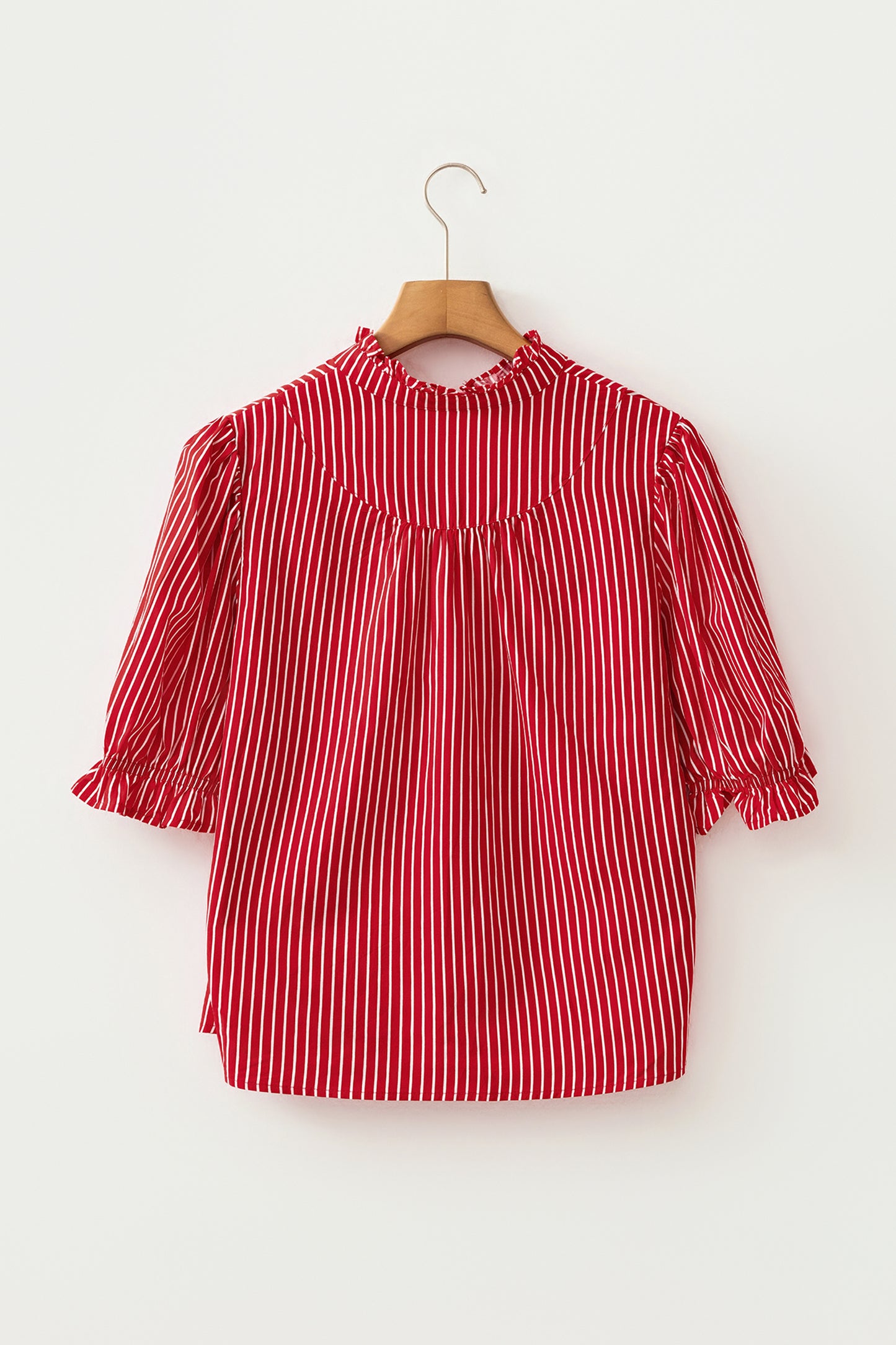 Red Stripe Ruffled Short Puff Sleeve Button Front Blouse-Tops/Blouses & Shirts-[Adult]-[Female]-2022 Online Blue Zone Planet