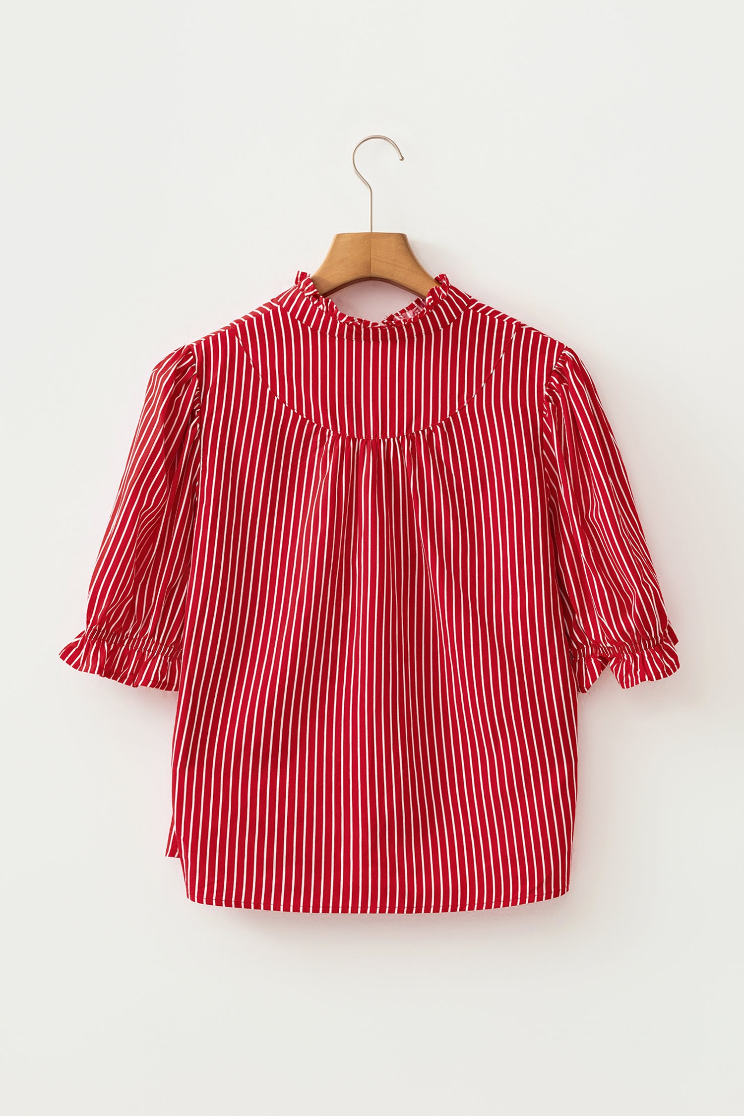 Red Stripe Ruffled Short Puff Sleeve Button Front Blouse-Tops/Blouses & Shirts-[Adult]-[Female]-2022 Online Blue Zone Planet