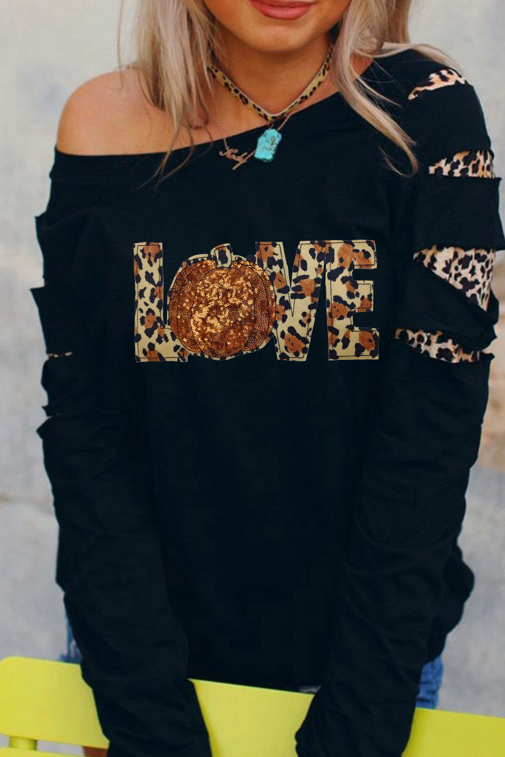 Black LOVE Sequin Pumpkin Leopard Print Cut Out Sleeve Sweatshirt-Graphic/Graphic Sweatshirts-[Adult]-[Female]-2022 Online Blue Zone Planet