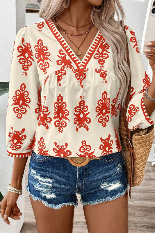 Orange Vintage Geometric Printed 3/4 Sleeve V Neck Blouse-Tops/Blouses & Shirts-[Adult]-[Female]-Orange-S-2022 Online Blue Zone Planet