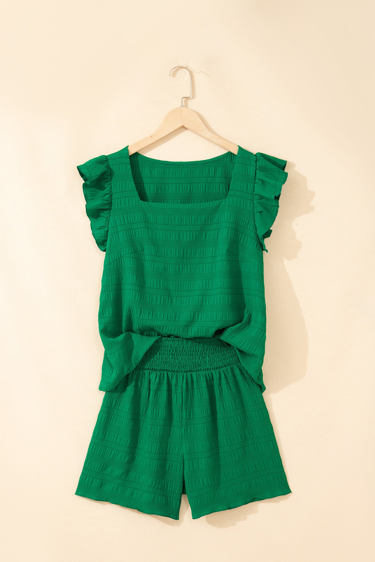 Peach Blossom Textured Square Neck Top And Shirred High Waist Shorts Set-Two Piece Sets/Short Sets-[Adult]-[Female]-2022 Online Blue Zone Planet