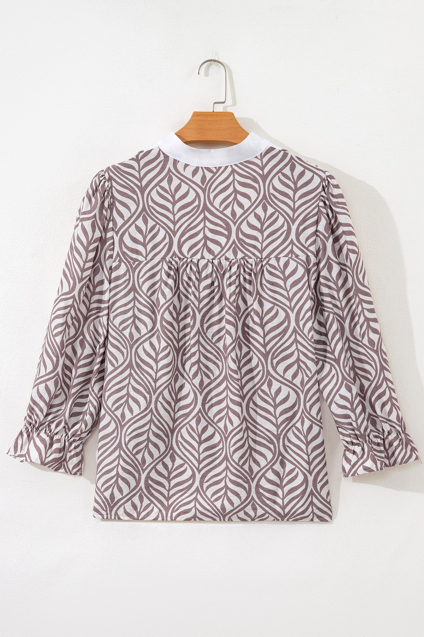 Brown Leaf Print Standing Collar Puff Sleeve Top-Tops/Blouses & Shirts-[Adult]-[Female]-2022 Online Blue Zone Planet