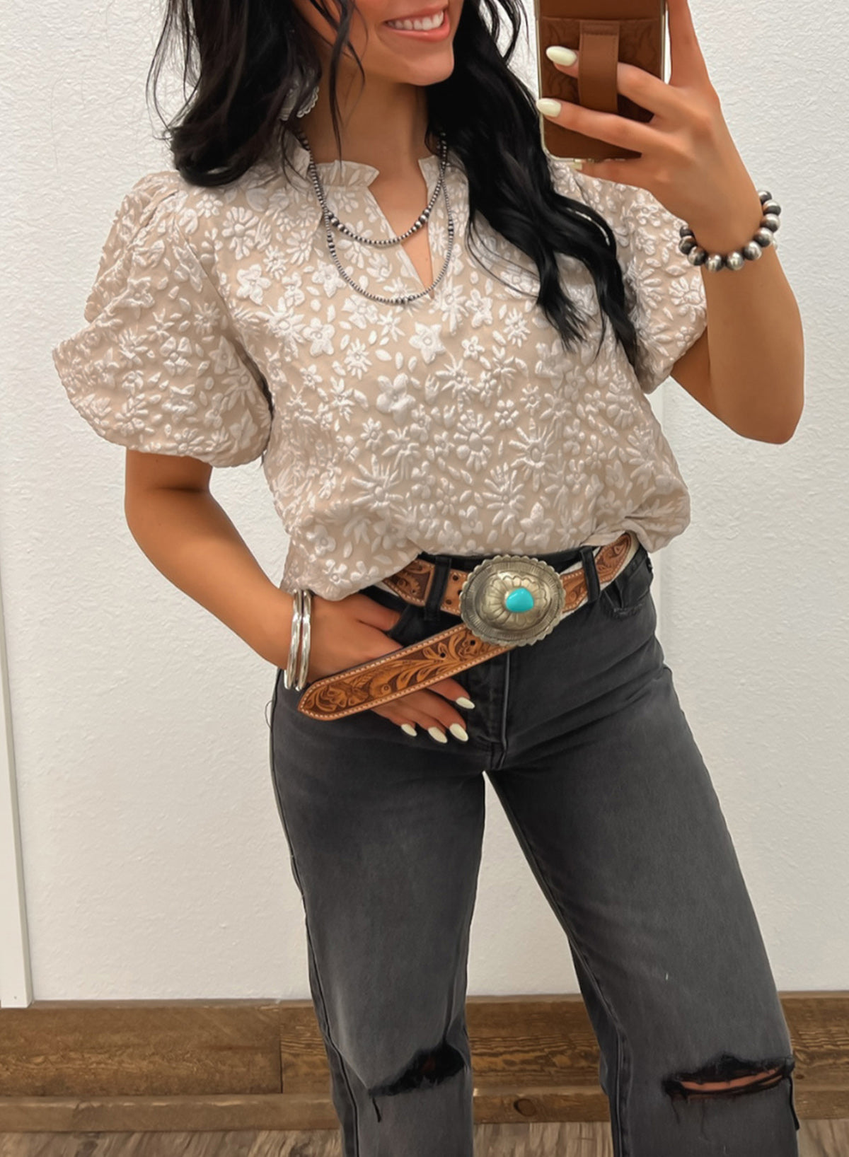 Iceland Blue Floral Textured Jacquard Puff Sleeve Blouse-Tops/Blouses & Shirts-[Adult]-[Female]-Beige-S-2022 Online Blue Zone Planet