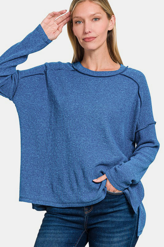 Blue Zone Planet | Zenana Full Size Exposed Seam Brushed Round Neck Sweater-TOPS / DRESSES-[Adult]-[Female]-Navy-S/M-2022 Online Blue Zone Planet