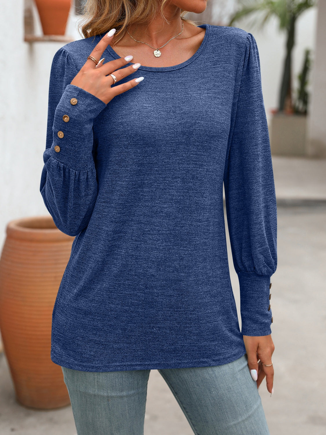 Blue Zone Planet | Decorative Button Round Neck Long Sleeve T-Shirt-TOPS / DRESSES-[Adult]-[Female]-2022 Online Blue Zone Planet