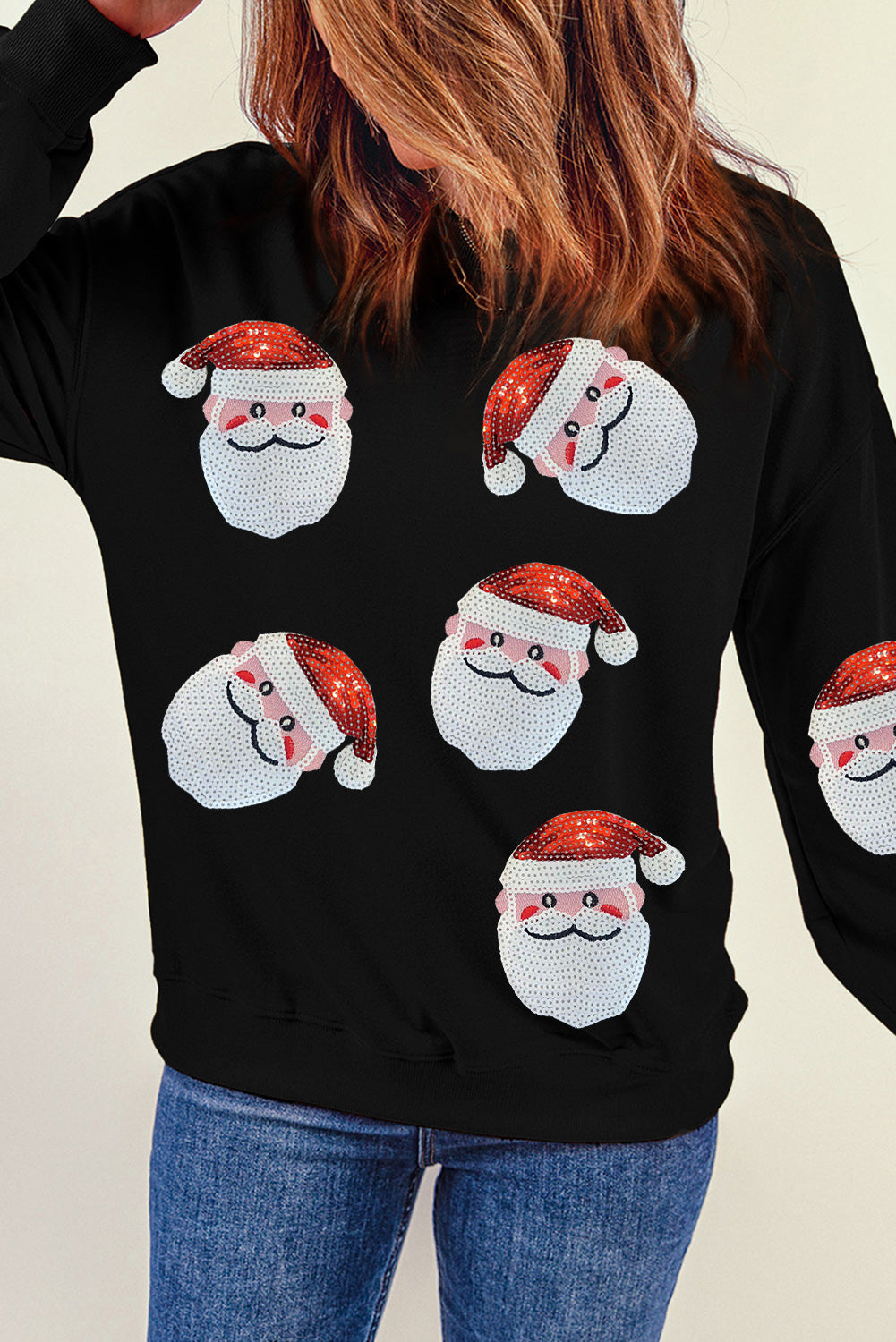 Red Sequins Santa Claus Graphic Christmas Sweatshirt-Graphic Sweatshirts-[Adult]-[Female]-2022 Online Blue Zone Planet