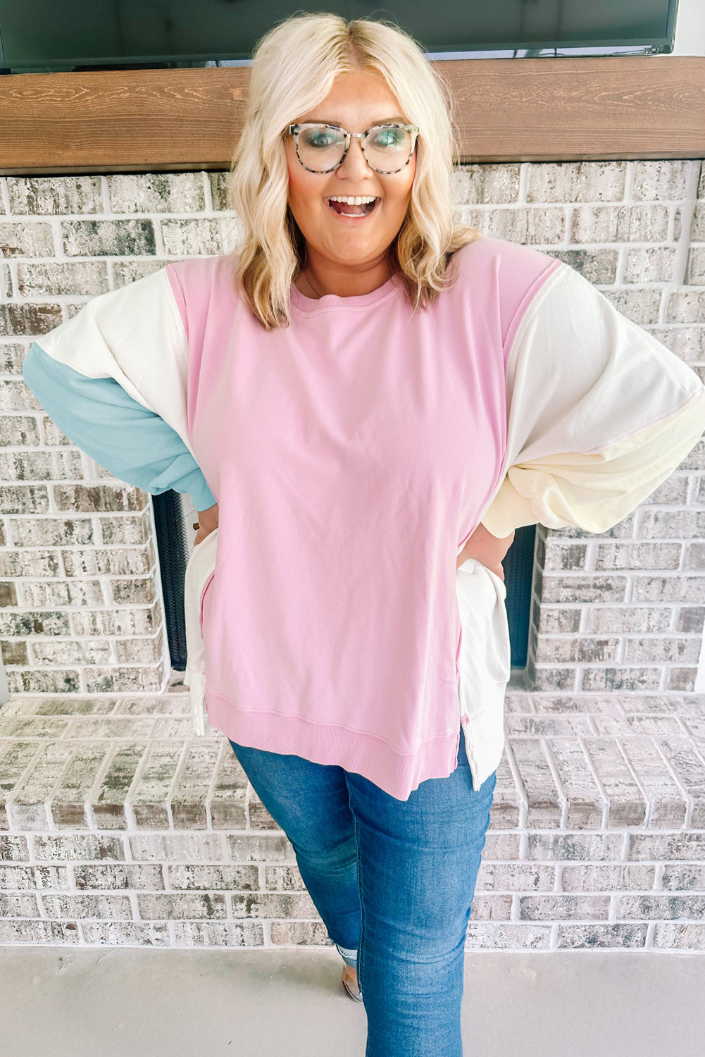 Pink Colorblock Patchwork Drop Shoulder Plus Size Sweatshirt-Plus Size/Plus Size Sweatshirts & Hoodies-[Adult]-[Female]-2022 Online Blue Zone Planet