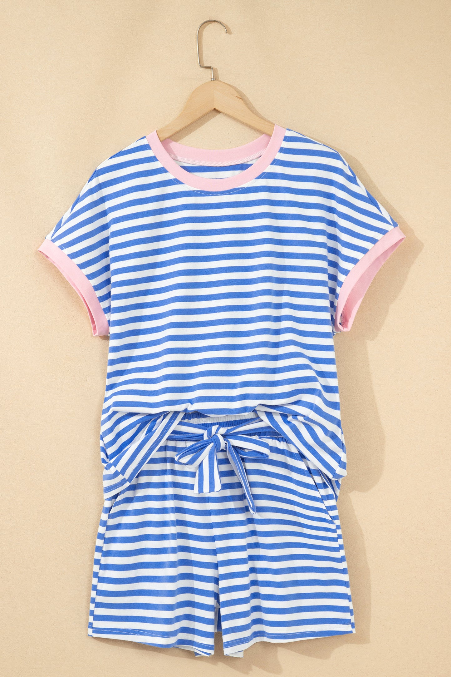 Sky Blue Stripe Contrast Trim Crew Neck Tee Knot Shorts 2pcs Set-Two Piece Sets/Short Sets-[Adult]-[Female]-2022 Online Blue Zone Planet