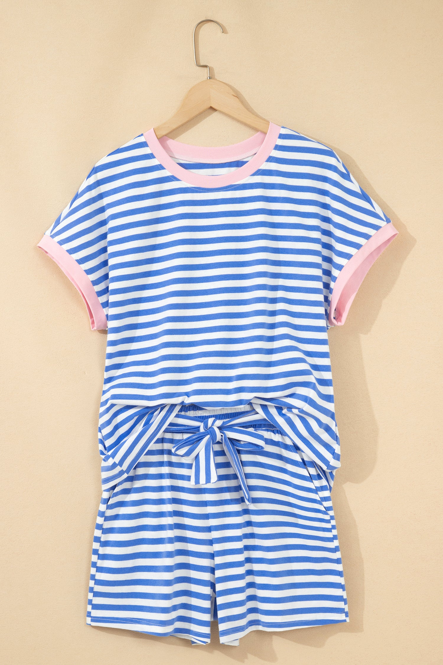 Sky Blue Stripe Contrast Trim Crew Neck Tee Knot Shorts 2pcs Set-Two Piece Sets/Short Sets-[Adult]-[Female]-2022 Online Blue Zone Planet