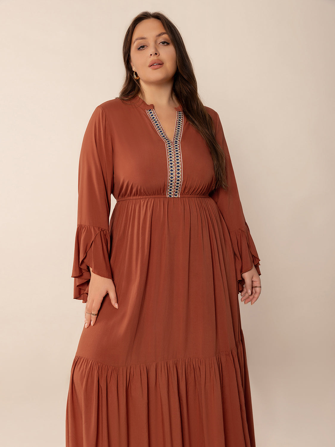 Plus Size Ruffled Notched Long Sleeve Midi Dress-TOPS / DRESSES-[Adult]-[Female]-2022 Online Blue Zone Planet