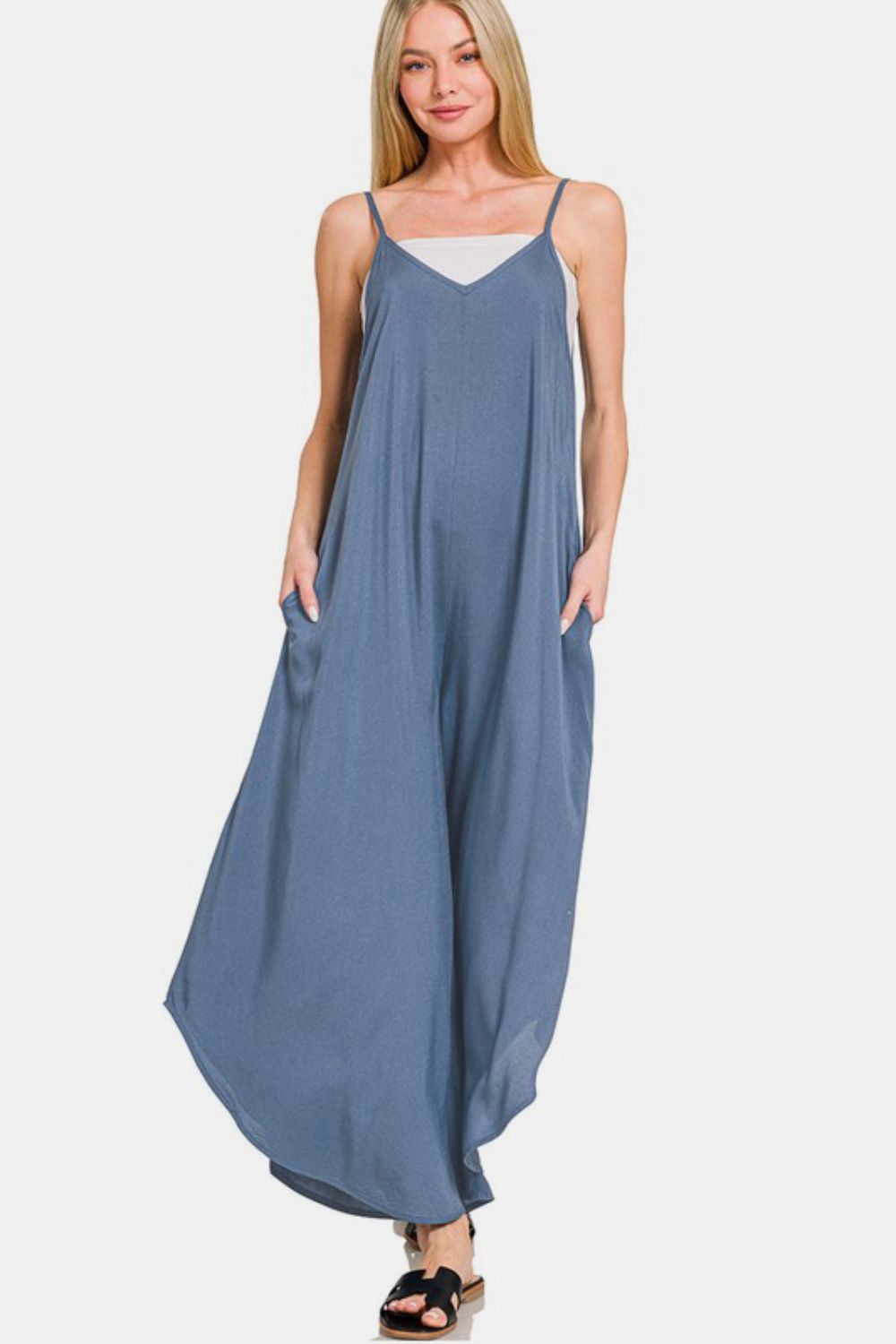 Zenana Spaghetti Strap Wide Leg Overalls with Pockets-TOPS / DRESSES-[Adult]-[Female]-DUSTY BLUE-S-2022 Online Blue Zone Planet