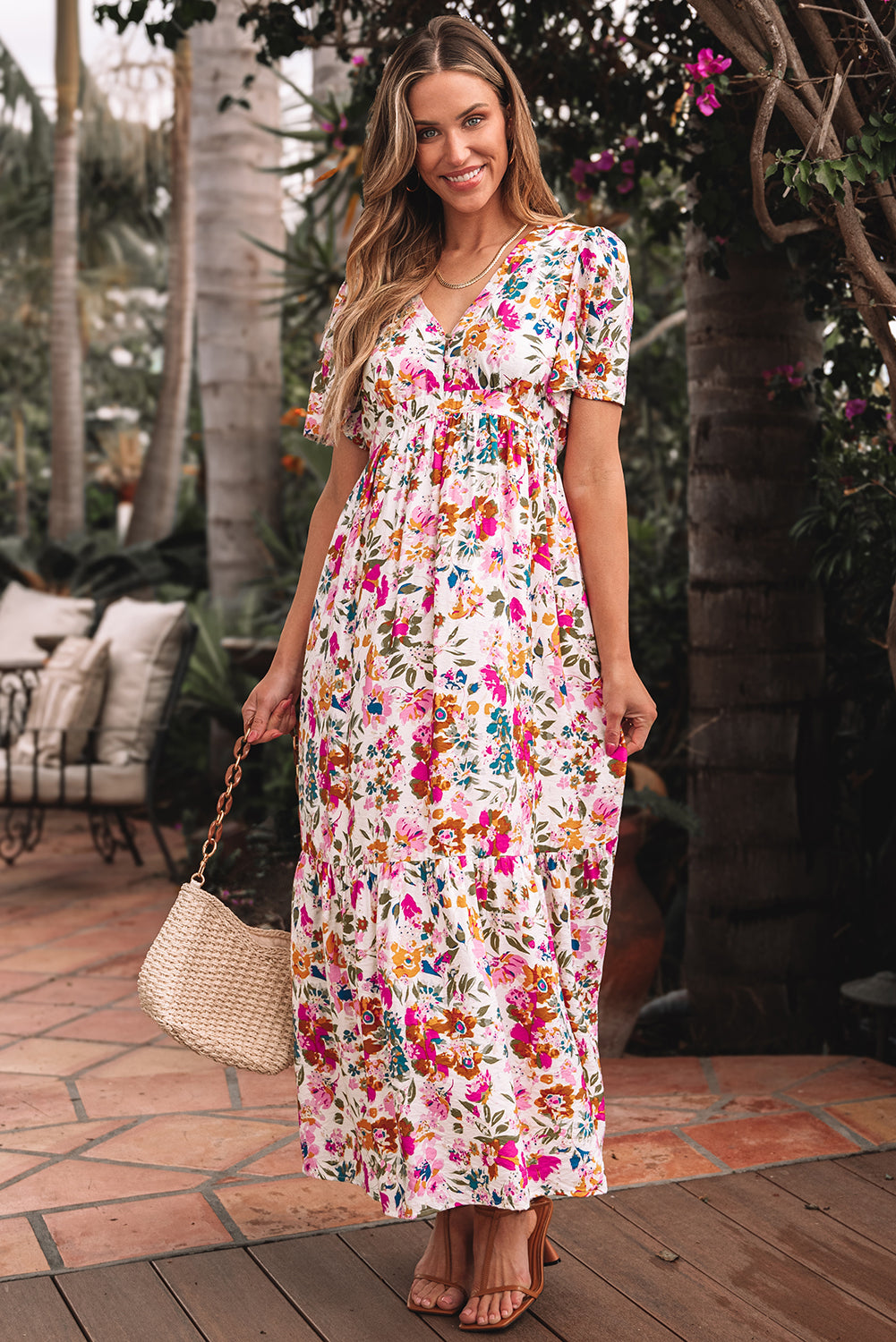 Red Floral Short Sleeve V Neck High Waist Maxi Dress-TOPS / DRESSES-[Adult]-[Female]-2022 Online Blue Zone Planet