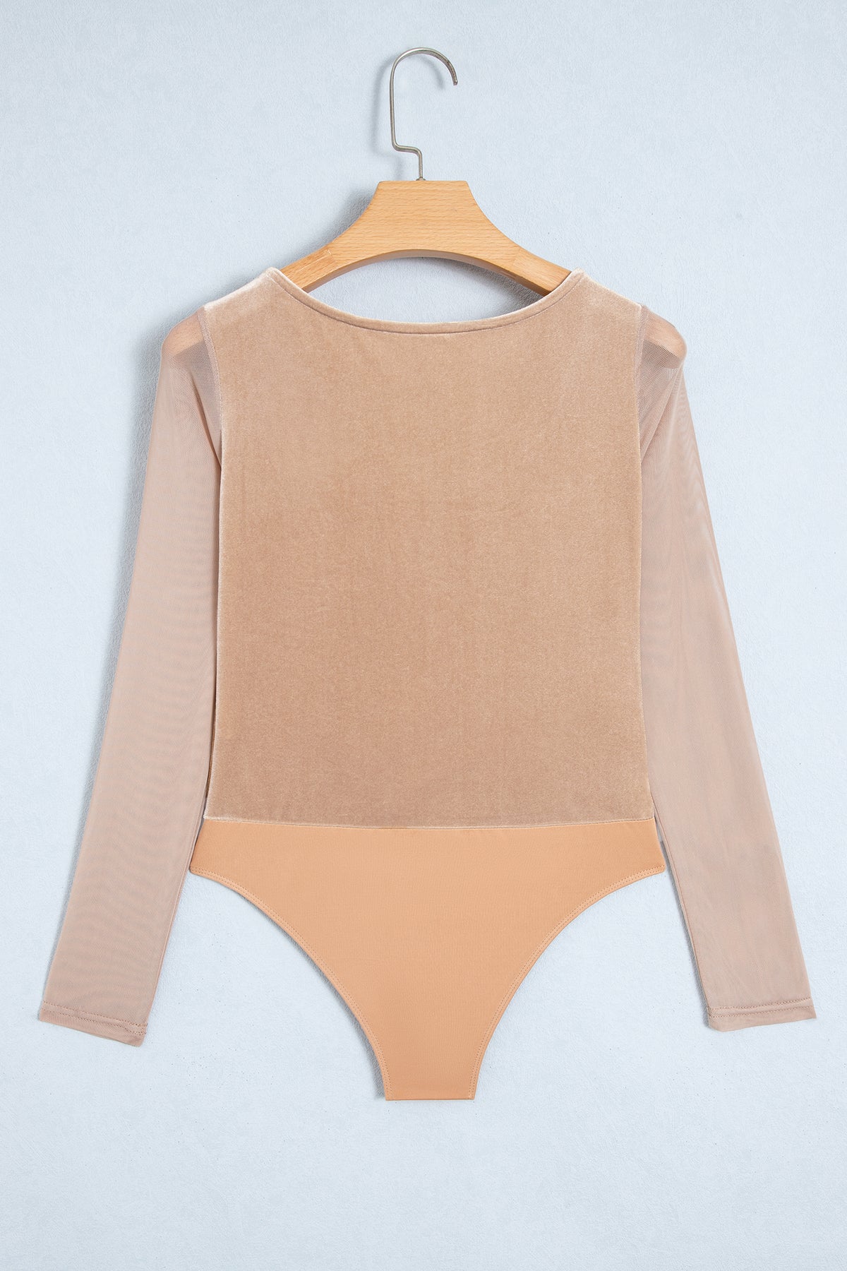 Light French Beige Solid Color Velvet Knot Square Neck Sheer Long Sleeve Bodysuit-Tops/Bodysuits-[Adult]-[Female]-2022 Online Blue Zone Planet
