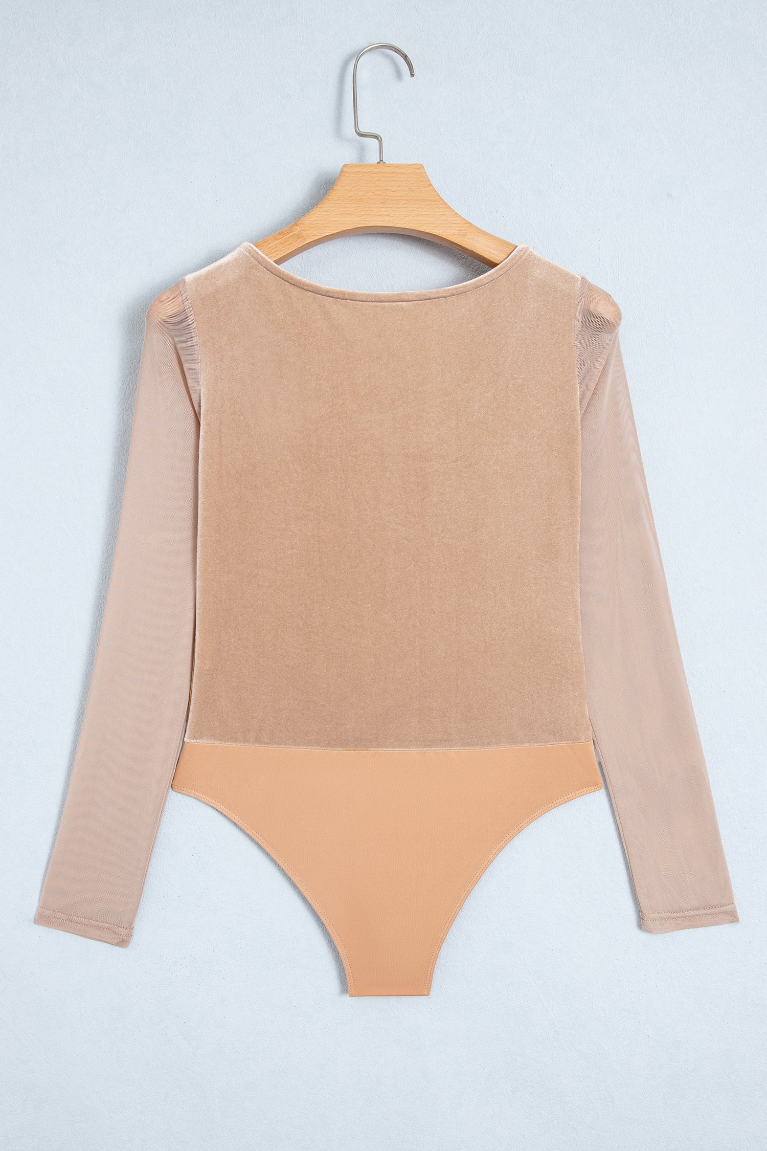 Light French Beige Solid Color Velvet Knot Square Neck Sheer Long Sleeve Bodysuit-Tops/Bodysuits-[Adult]-[Female]-2022 Online Blue Zone Planet