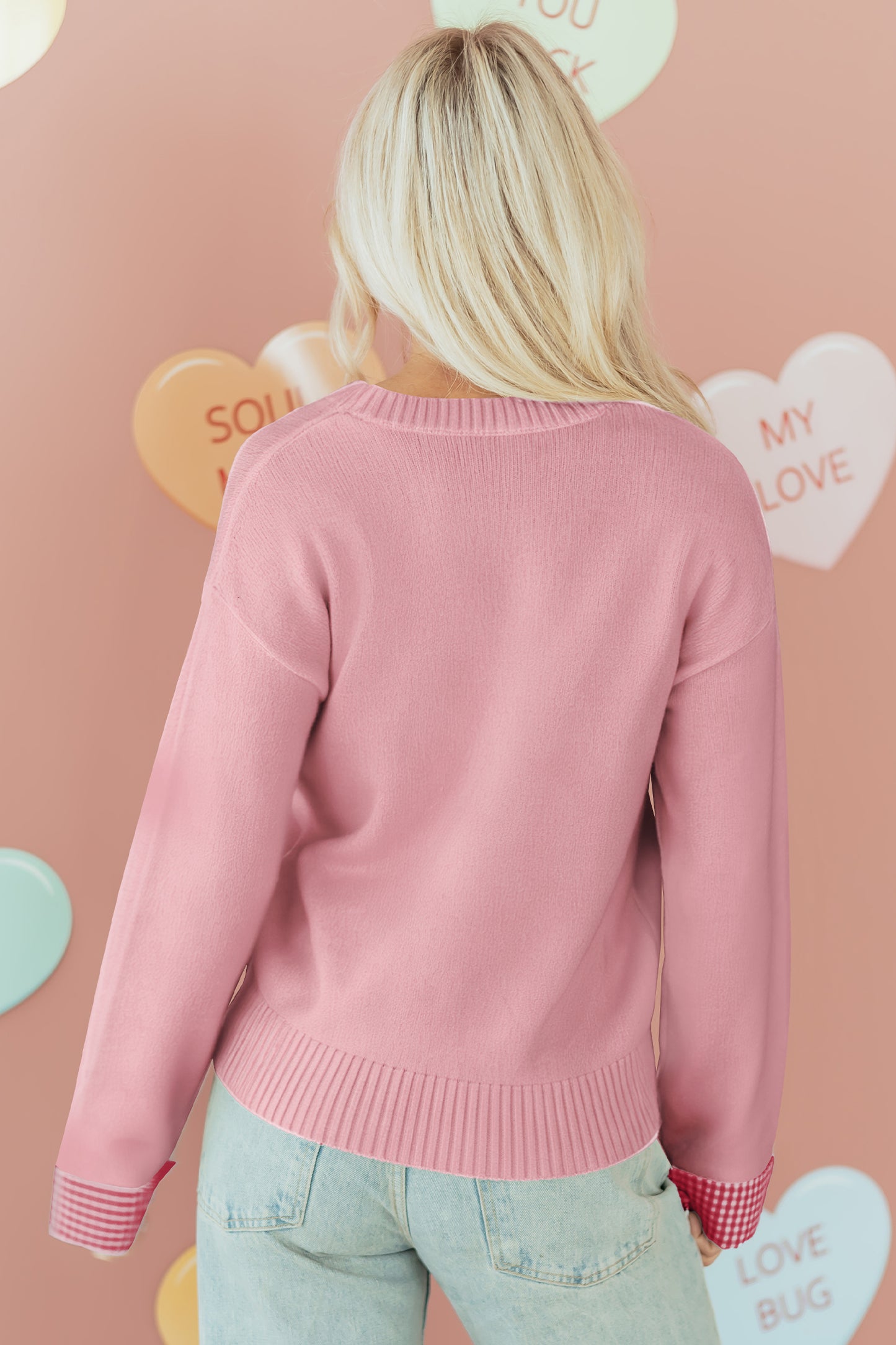 Light Pink Plaid Heart Embroidered Cuffed Drop Shoulder Crew Neck Sweater-Sweaters & Cardigans/Sweaters-[Adult]-[Female]-2022 Online Blue Zone Planet