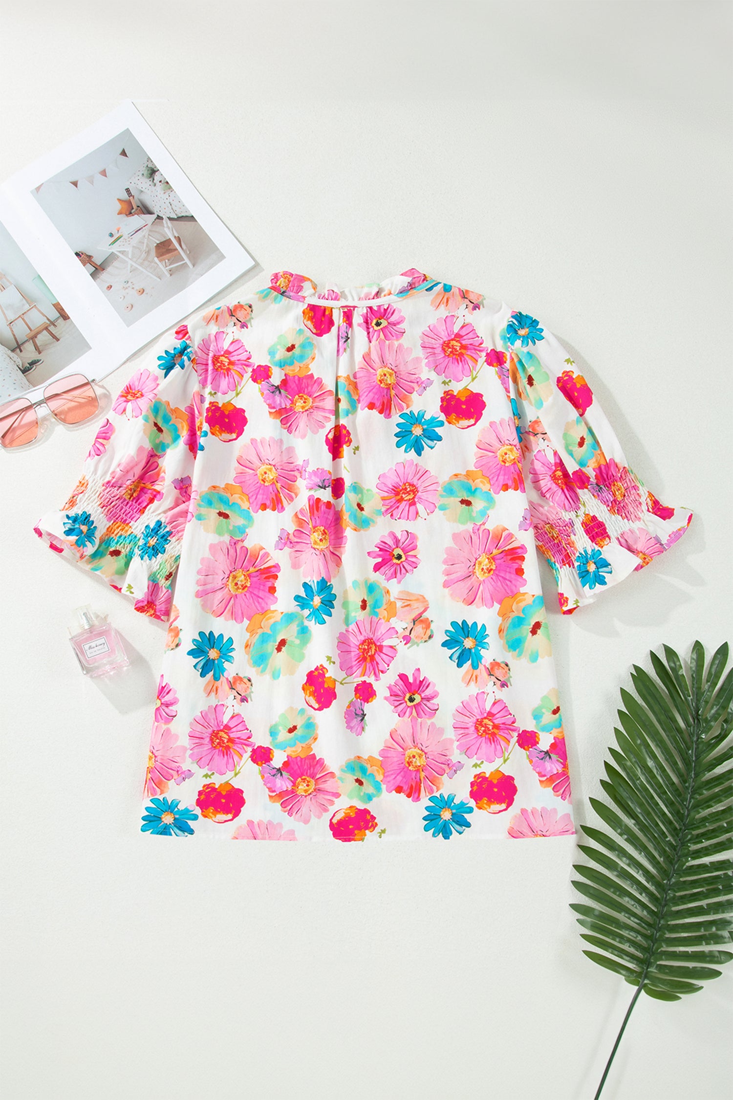 Pink Plus Size Floral Print Ruched Short Sleeve Blouse-Plus Size/Plus Size Tops/Plus Size Blouses & Shirts-[Adult]-[Female]-2022 Online Blue Zone Planet
