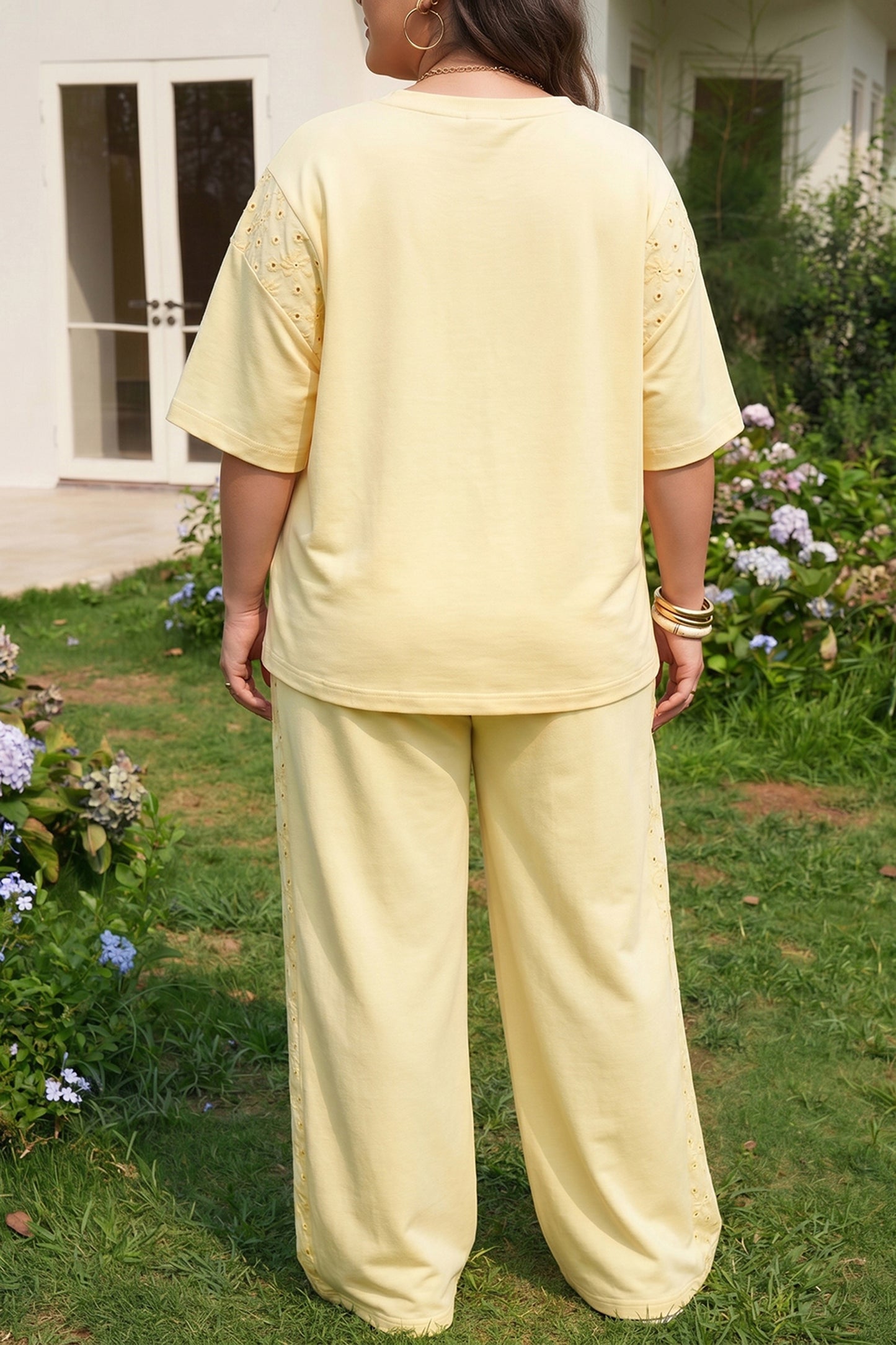 Yellow Cream Solid Color Eyelet Lace Panel Accent Plus Size 2pcs Outfit-Plus Size/Plus Size Loungewear-[Adult]-[Female]-2022 Online Blue Zone Planet
