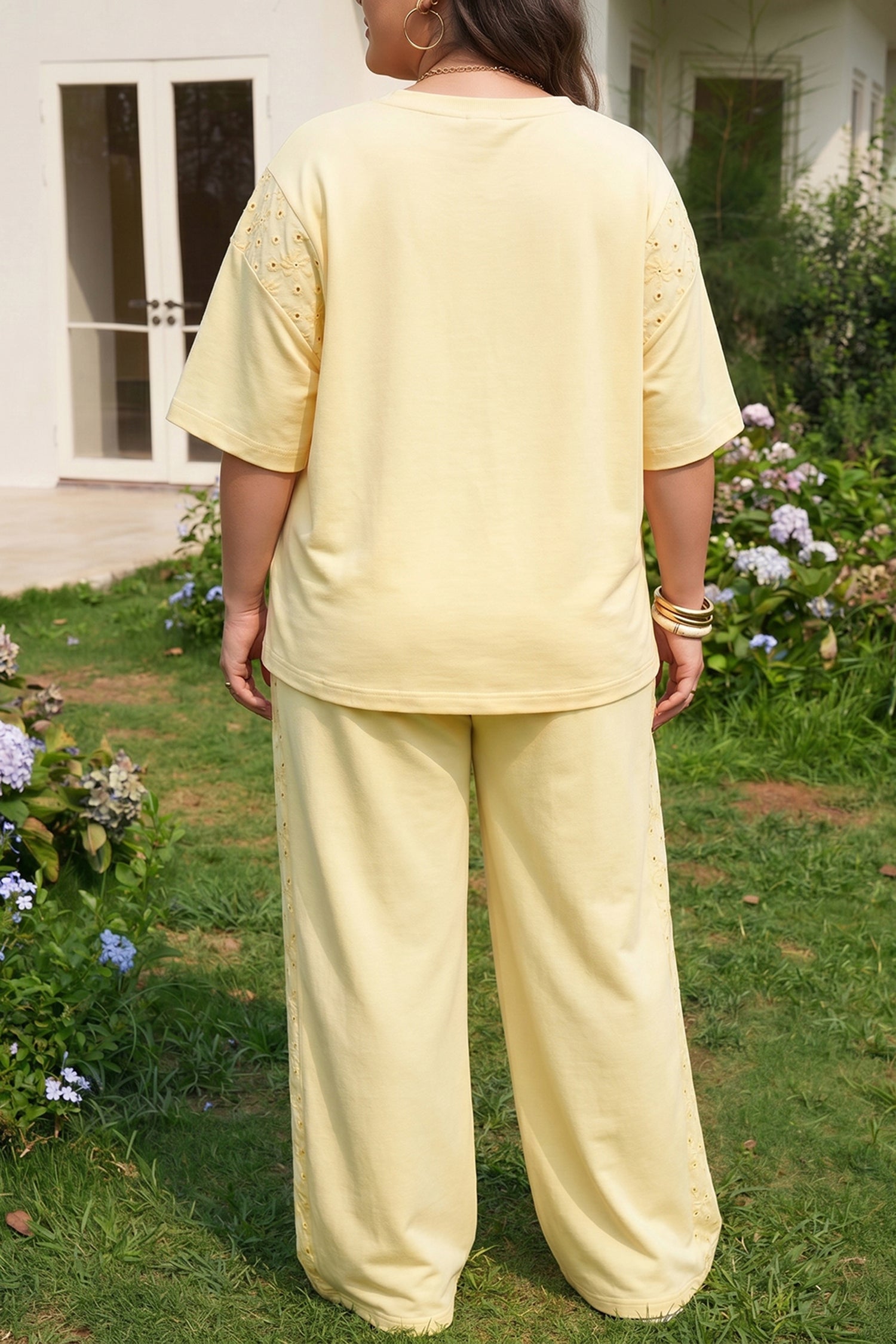 Yellow Cream Solid Color Eyelet Lace Panel Accent Plus Size 2pcs Outfit-Plus Size/Plus Size Loungewear-[Adult]-[Female]-2022 Online Blue Zone Planet