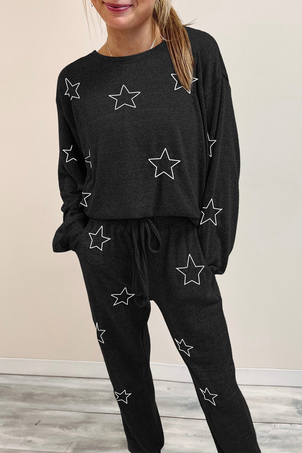 Gray Stars Print Long Sleeve Drawstring High Waist Lounge Set-Loungewear & Sleepwear/Loungewear-[Adult]-[Female]-2022 Online Blue Zone Planet